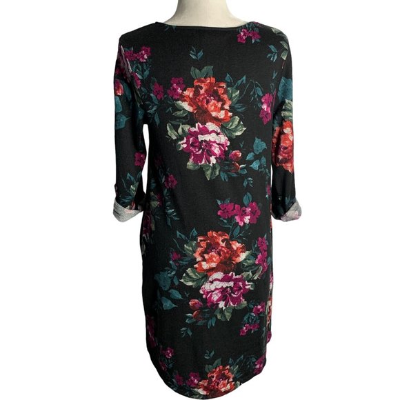 Apt 9 Floral Flannel Sweater Dress S Black Roll Tab Sleeve Pull Over Round Neck - Picture 4 of 6